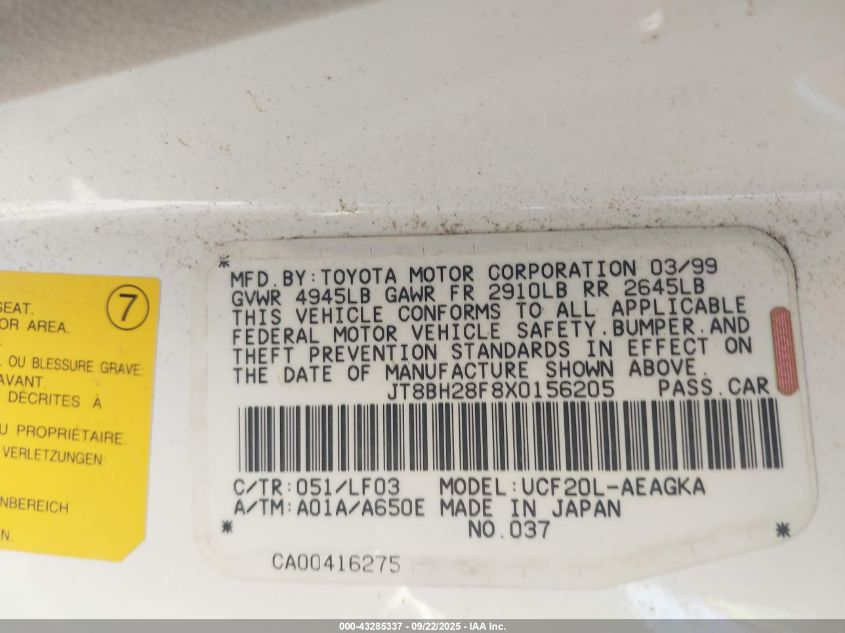 1999 Lexus Ls 400 VIN: JT8BH28F8X0156205 Lot: 43285337