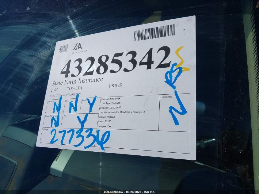 2004 Toyota Prius VIN: JTDKB20U940107006 Lot: 43285342