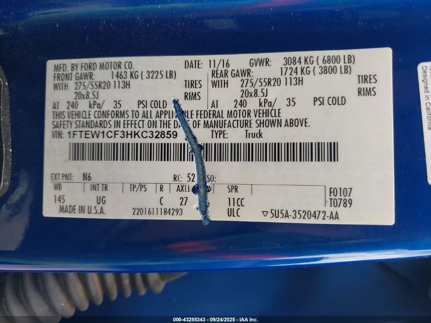 2017 Ford F-150 Xlt VIN: 1FTEW1CF3HKC32859 Lot: 43285343