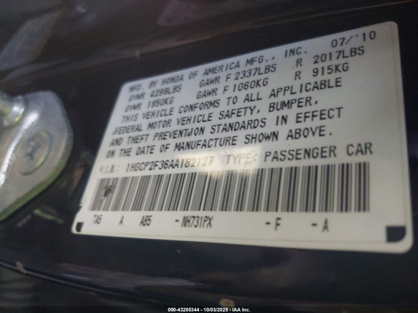 2010 Honda Accord 2.4 Lx VIN: 1HGCP2F36AA182127 Lot: 43285344