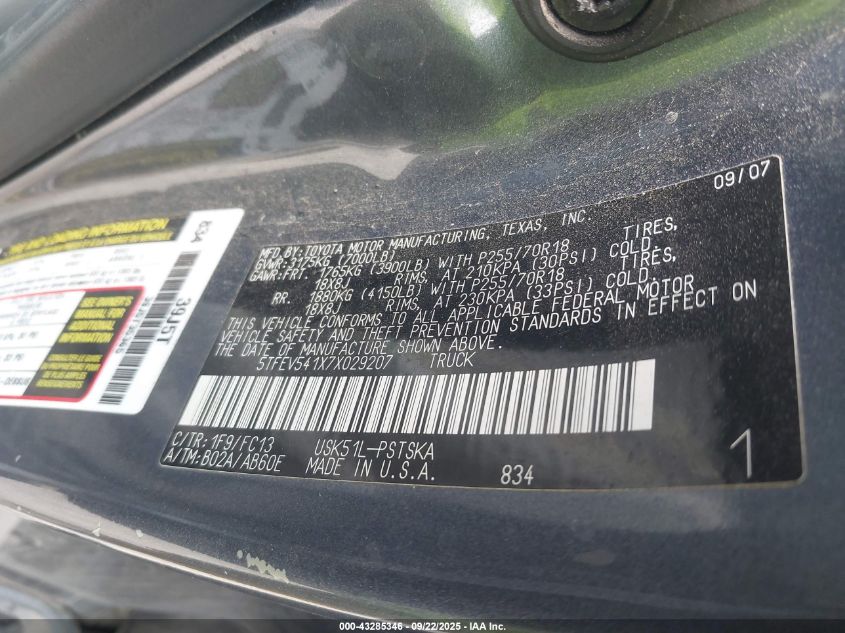 2007 Toyota Tundra Sr5 5.7L V8 VIN: 5TFEV541X7X029207 Lot: 43285346