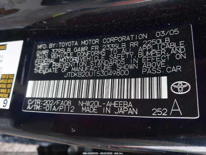 2005 Toyota Prius VIN: JTDKB20U153049800 Lot: 43285353