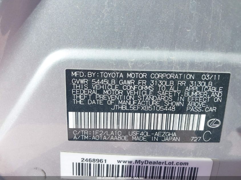 2011 Lexus Ls 460 VIN: JTHBL5EFXB5105448 Lot: 43285365