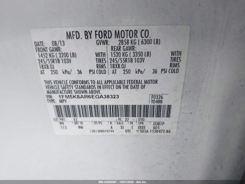 2014 Ford Police Interceptor VIN: 1FM5K8AR6EGA38323 Lot: 43285367