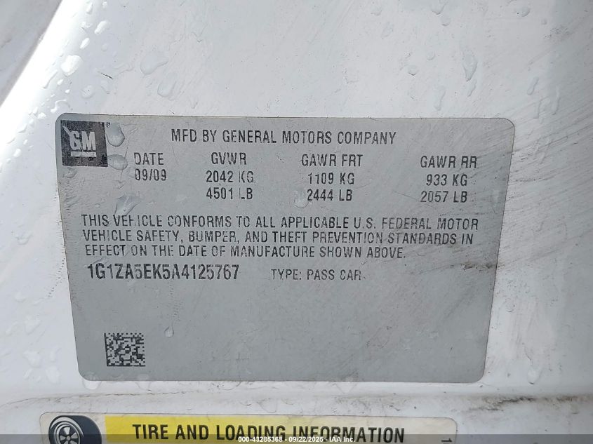 2010 Chevrolet Malibu Ls VIN: 1G1ZA5EK5A4125767 Lot: 43285368