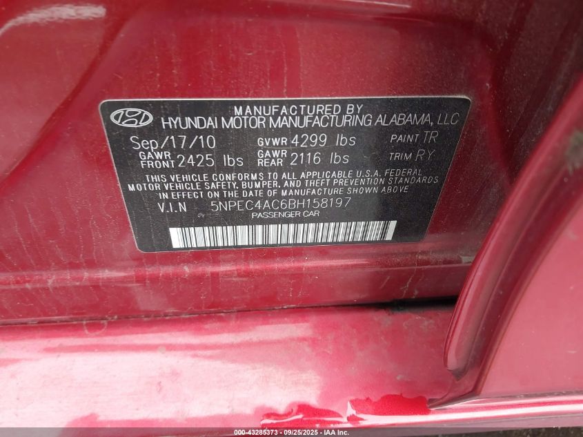 2011 Hyundai Sonata Se VIN: 5NPEC4AC6BH158197 Lot: 43285373