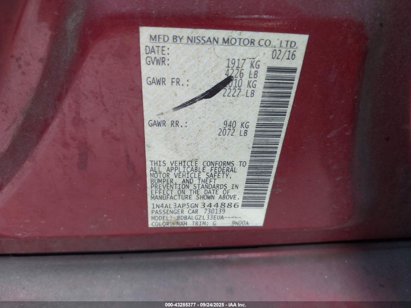 2016 Nissan Altima 2.5/2.5 S/2.5 Sl/2.5 Sr/2.5 Sv VIN: 1N4AL3AP5GN344886 Lot: 43285377