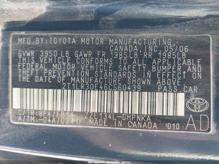 2006 Toyota Matrix Xr VIN: 2T1LR30E46C560439 Lot: 43285378