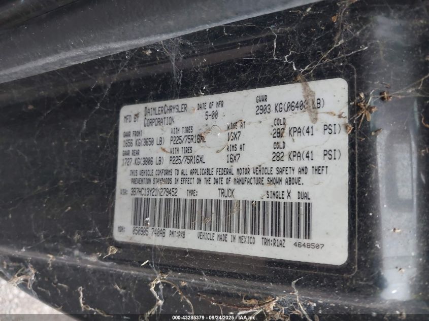 2001 Dodge Ram 1500 St VIN: 3B7HC13Y21M279452 Lot: 43285379