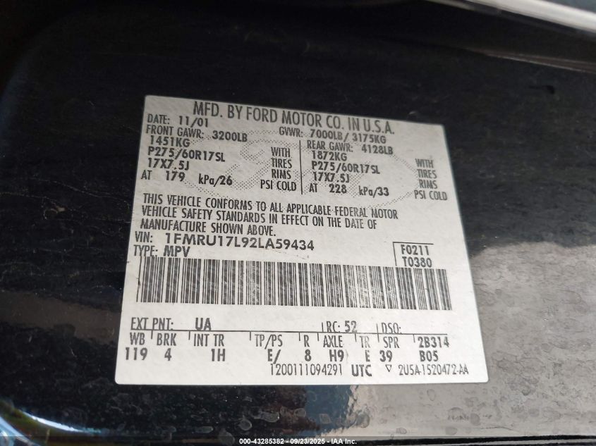 2002 Ford Expedition Eddie Bauer VIN: 1FMRU17L92LA59434 Lot: 43285382