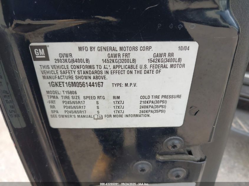 2005 GMC Envoy Xl Slt VIN: 1GKET16M056144167 Lot: 43285391