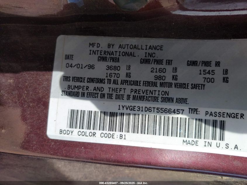 1996 Mazda Mx-6 Ls VIN: 1YVGE31D6T5566457 Lot: 43285407