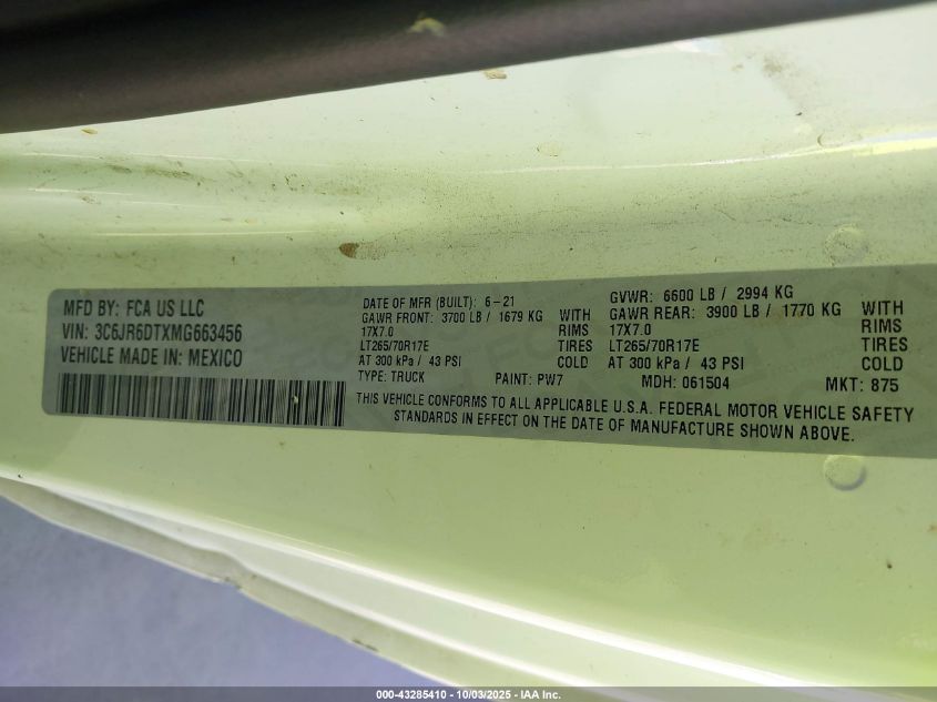 2021 Ram 1500 Classic Tradesman 4X2 8' Box VIN: 3C6JR6DTXMG663456 Lot: 43285410