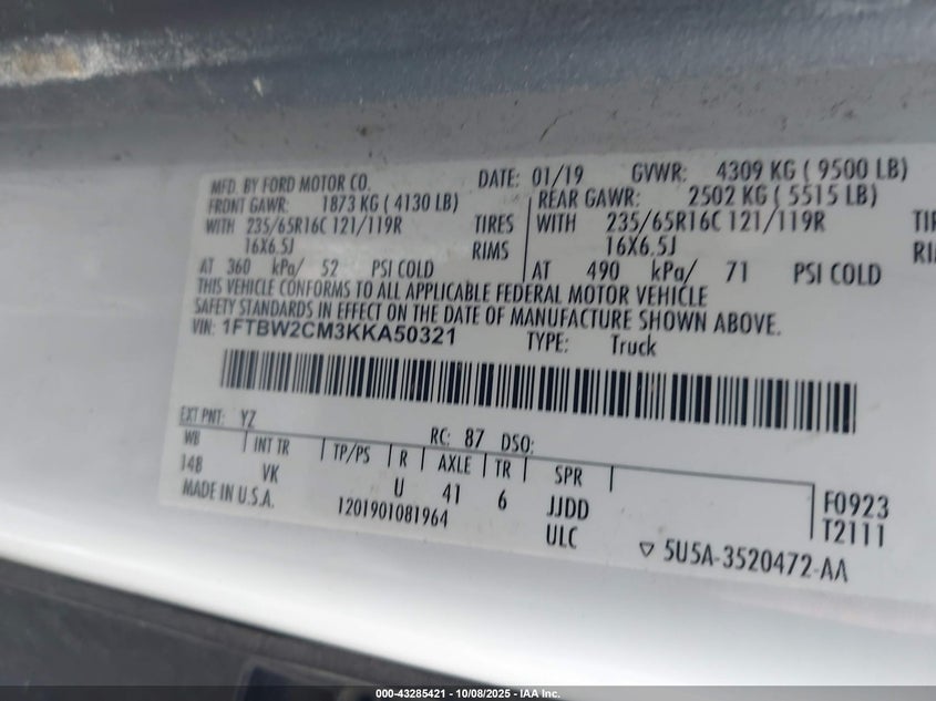 2019 FORD TRANSIT-350 1FTBW2CM3KKA50321
