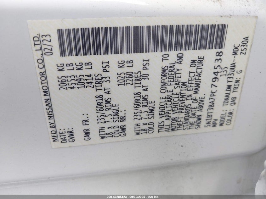 2023 Nissan Rogue Sv Fwd VIN: 5N1BT3BA7PC794538 Lot: 43285423