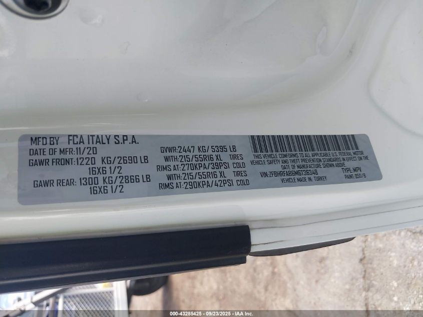 2021 Ram Promaster City Tradesman VIN: ZFBHRFAB6M6T36348 Lot: 43285425