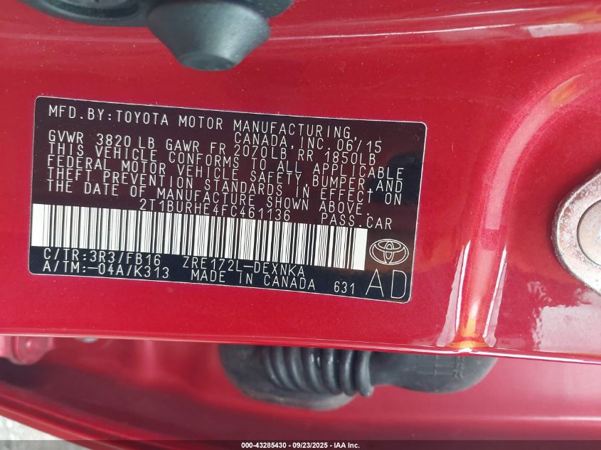 2015 Toyota Corolla Le VIN: 2T1BURHE4FC461136 Lot: 43285430