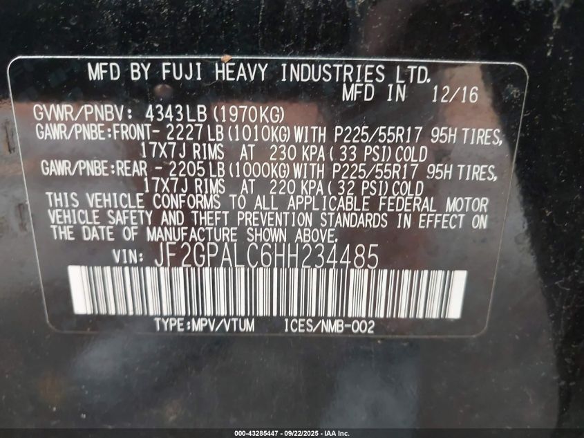 2017 Subaru Crosstrek 2.0I Limited VIN: JF2GPALC6HH234485 Lot: 43285447