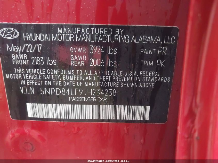 2018 Hyundai Elantra Sel VIN: 5NPD84LF9JH234238 Lot: 43285462