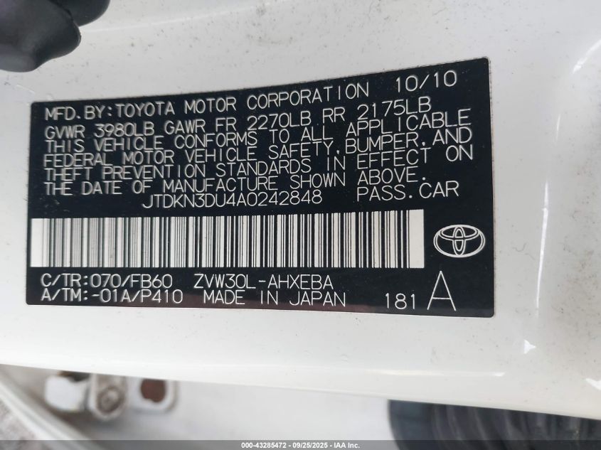 2010 Toyota Prius Ii VIN: JTDKN3DU4A0242848 Lot: 43285472