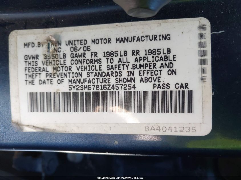 2006 Pontiac Vibe VIN: 5Y2SM67816Z457254 Lot: 43285476