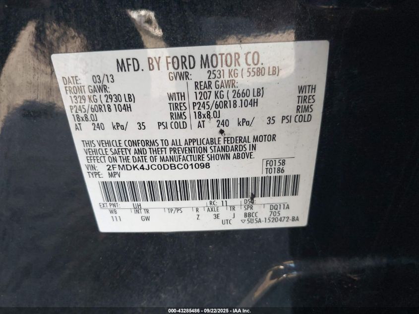 2013 Ford Edge Sel VIN: 2FMDK4JC0DBC01098 Lot: 43285486
