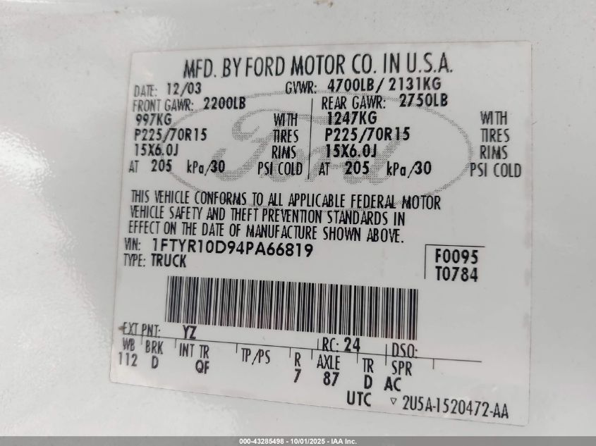 2004 Ford Ranger VIN: 1FTYR10D94PA66819 Lot: 43285498