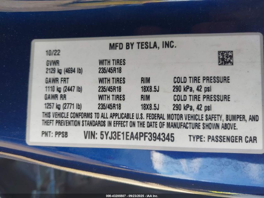 2023 Tesla Model 3 Rear-Wheel Drive VIN: 5YJ3E1EA4PF394345 Lot: 43285507
