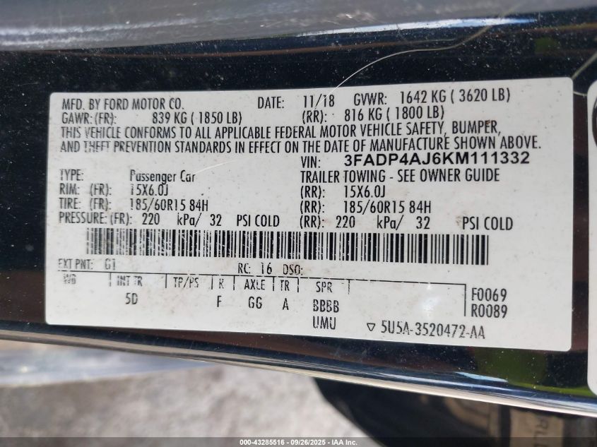 2019 Ford Fiesta S VIN: 3FADP4AJ6KM111332 Lot: 43285516