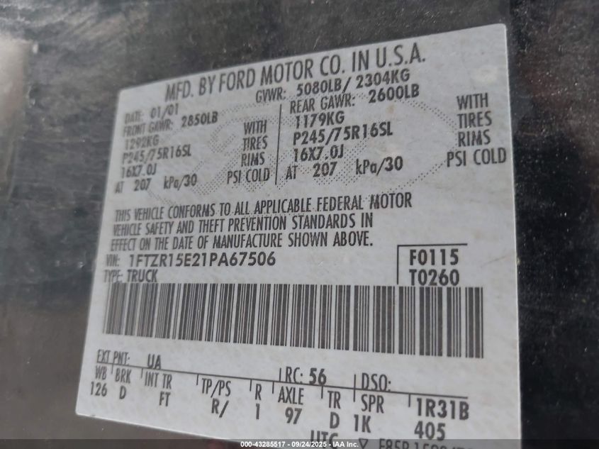 2001 Ford Ranger Edge/Xlt VIN: 1FTZR15E21PA67506 Lot: 43285517