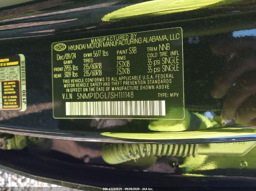 2025 Hyundai Santa Fe Se VIN: 5NMP1DGL7SH111148 Lot: 43285529