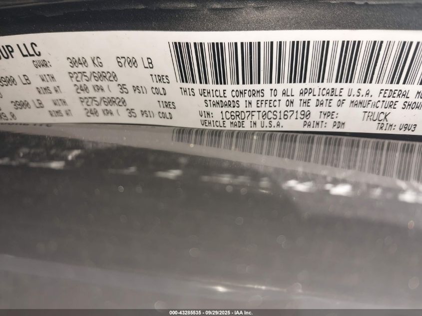 2012 Ram 1500 St VIN: 1C6RD7FT0CS167190 Lot: 43285535