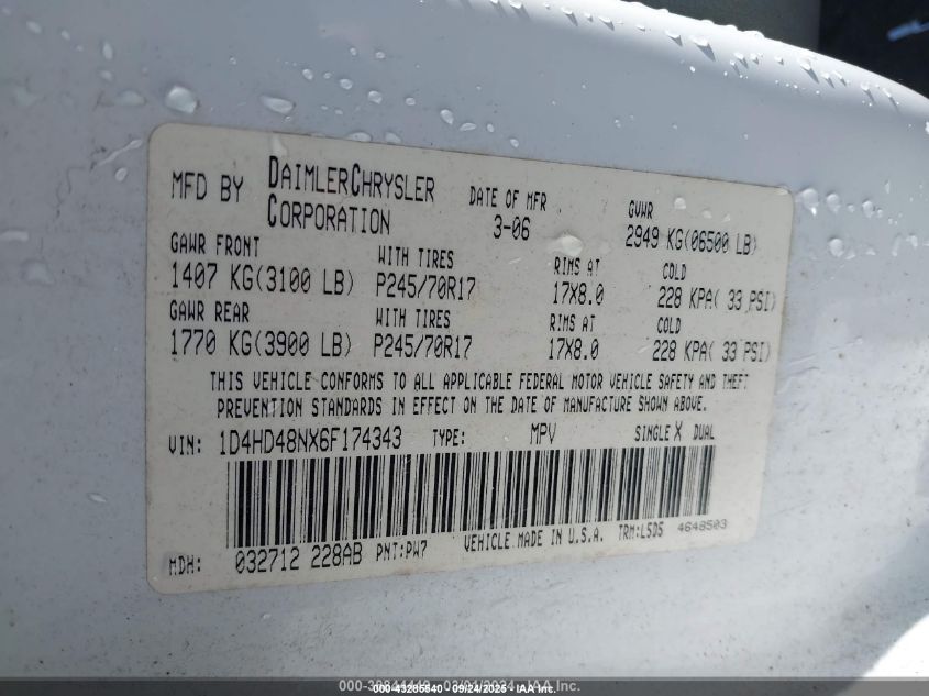 2006 Dodge Durango Slt VIN: 1D4HD48NX6F174343 Lot: 43285540