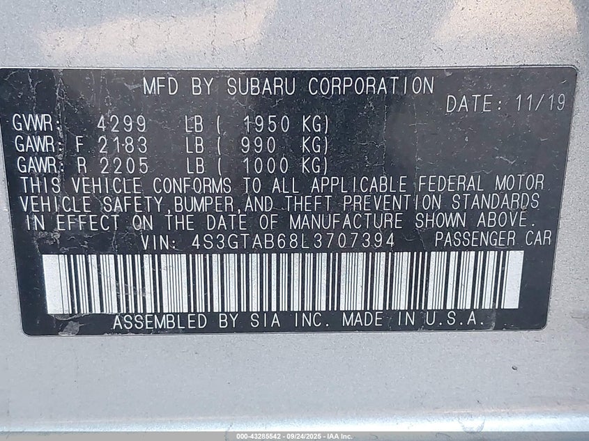 2020 Subaru Impreza 2.0 5-Door Other Lot 111043285542 Vin 4S3GTAB68L3707394