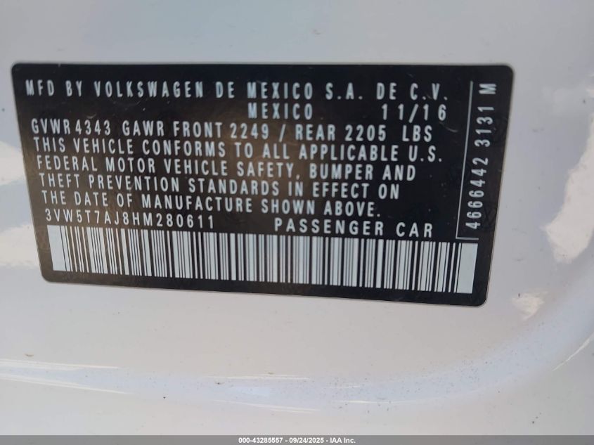 2017 Volkswagen Jetta Gli VIN: 3VW5T7AJ8HM280611 Lot: 43285557