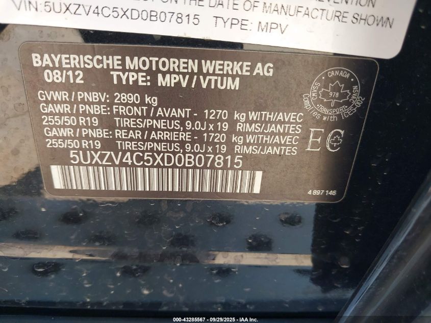 2013 BMW X5 xDrive35I/xDrive35I Premium/xDrive35I Sport Activity VIN: 5UXZV4C5XD0B07815 Lot: 43285567