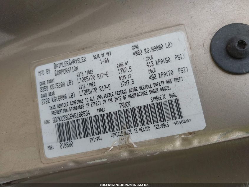 2004 Dodge Ram 2500 Slt/Laramie VIN: 3D7KU28C64G186934 Lot: 43285578