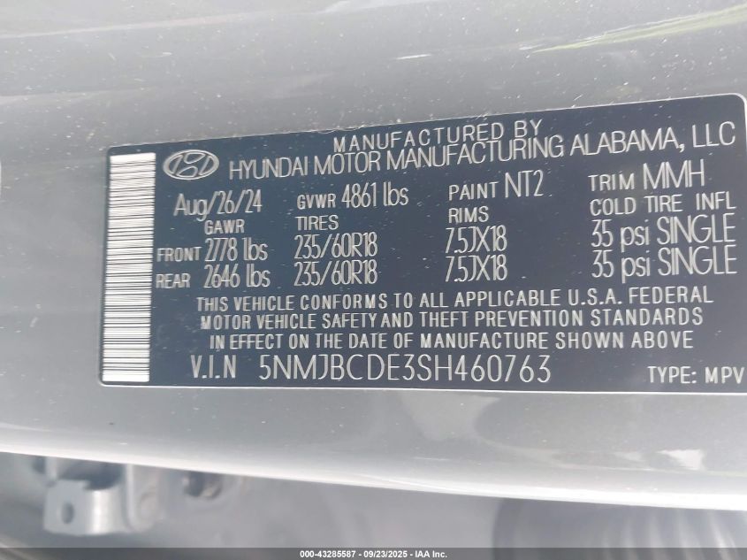 2025 Hyundai Tucson Sel VIN: 5NMJBCDE3SH460763 Lot: 43285587