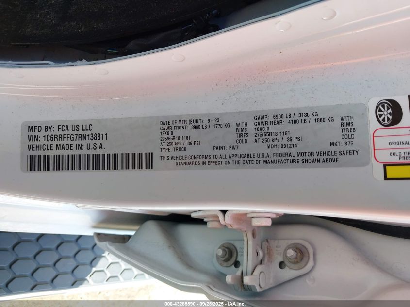 2024 Ram 1500 Big Horn 4X4 5'7 Box VIN: 1C6RRFFG7RN138811 Lot: 43285590