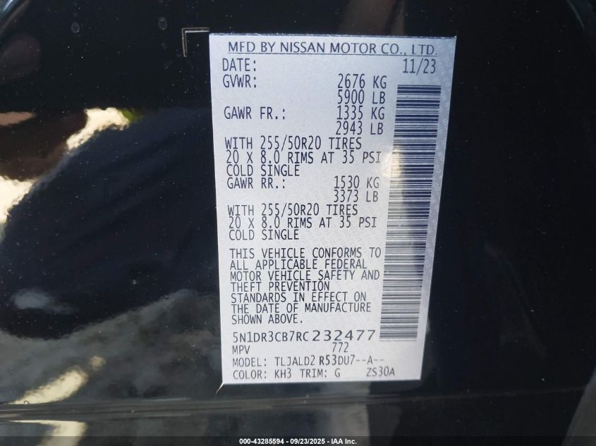 2024 Nissan Pathfinder Sl Fwd VIN: 5N1DR3CB7RC232477 Lot: 43285594