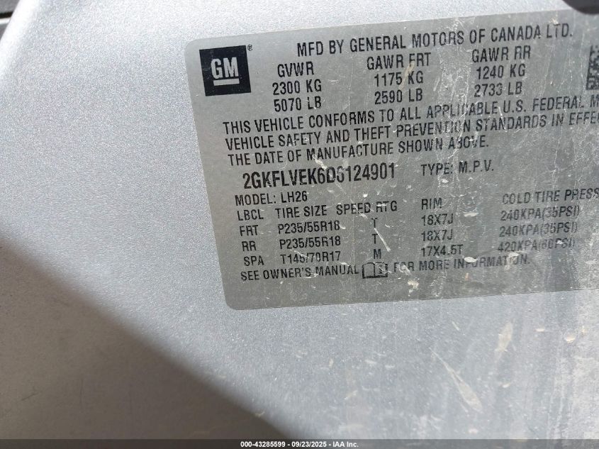 2013 GMC Terrain Slt-1 VIN: 2GKFLVEK6D6124901 Lot: 43285599