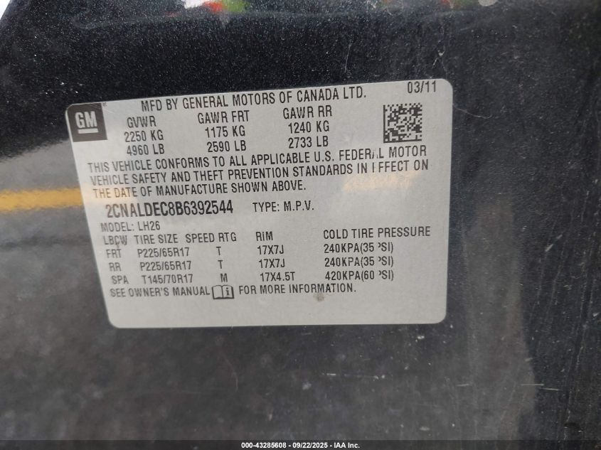 2011 Chevrolet Equinox 1Lt VIN: 2CNALDEC8B6392544 Lot: 43285608