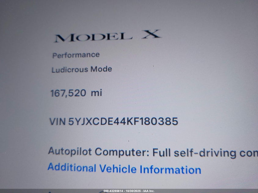 2019 Tesla Model X P100D/Performance VIN: 5YJXCDE44KF180385 Lot: 43285614
