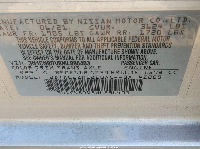 2021 Nissan Versa S Xtronic Cvt VIN: 3N1CN8DV8ML896403 Lot: 43285615