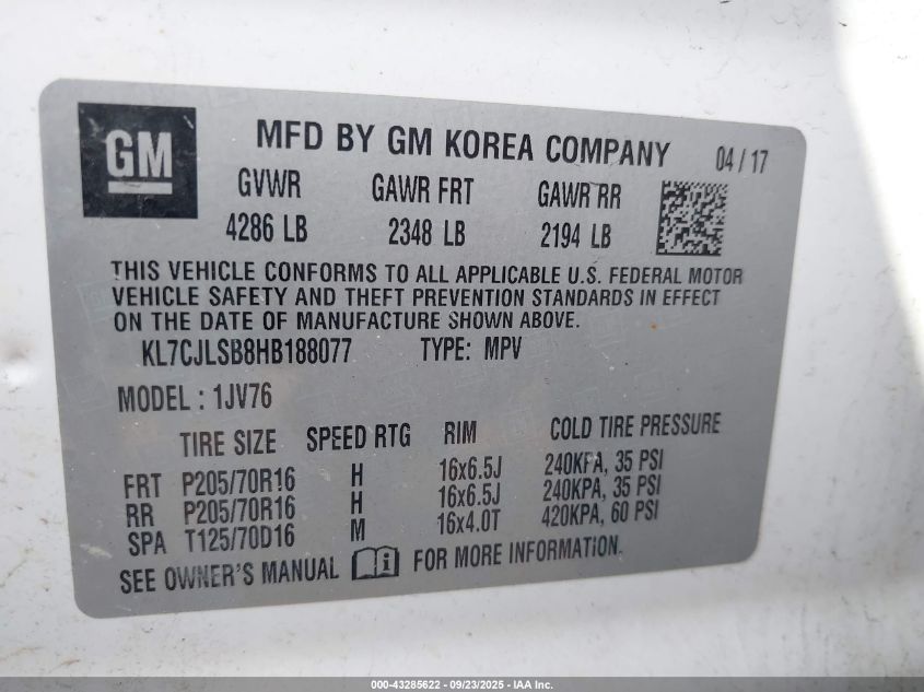 2017 Chevrolet Trax Lt VIN: KL7CJLSB8HB188077 Lot: 43285622