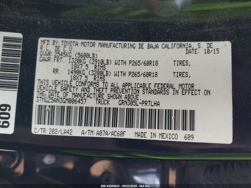 2016 Toyota Tacoma Limited VIN: 3TMGZ5AN3GM006457 Lot: 43285623