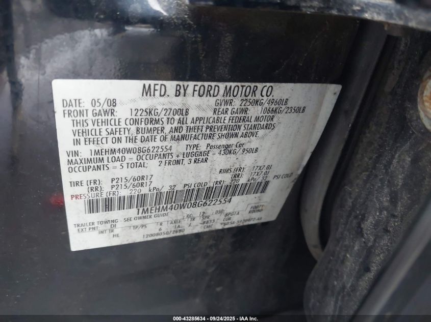 2008 Mercury Sable VIN: 1MEHM40W08G622554 Lot: 43285634