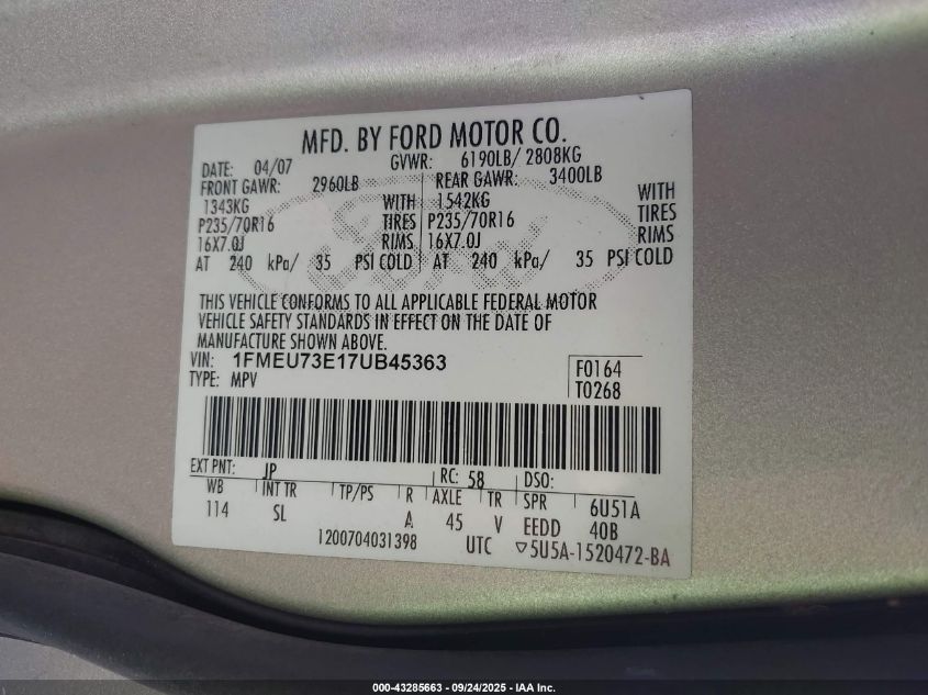 2007 Ford Explorer Xlt VIN: 1FMEU73E17UD45363 Lot: 43285663