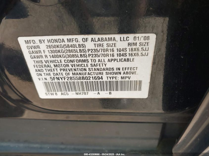 2008 Honda Pilot Ex-L VIN: 5FNYF28558B021694 Lot: 43285666