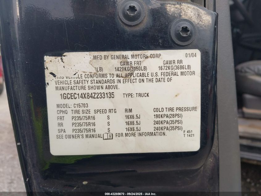2004 Chevrolet Silverado 1500 VIN: 1GCEC14X84Z233135 Lot: 43285670